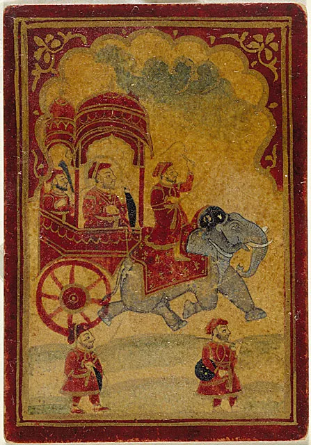 The king of the ghulam suit, riding in a carriage drawn by an elephant. A Mughal ganjifa card from Mewar, 19th century.