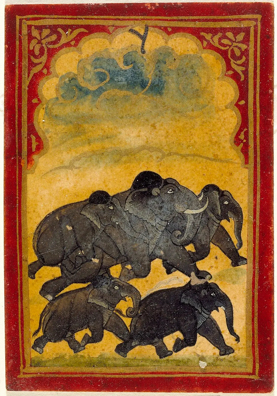 Six of the elephant suit from a later Mughal ganjifa set: a rectangular card with five elephants galloping.