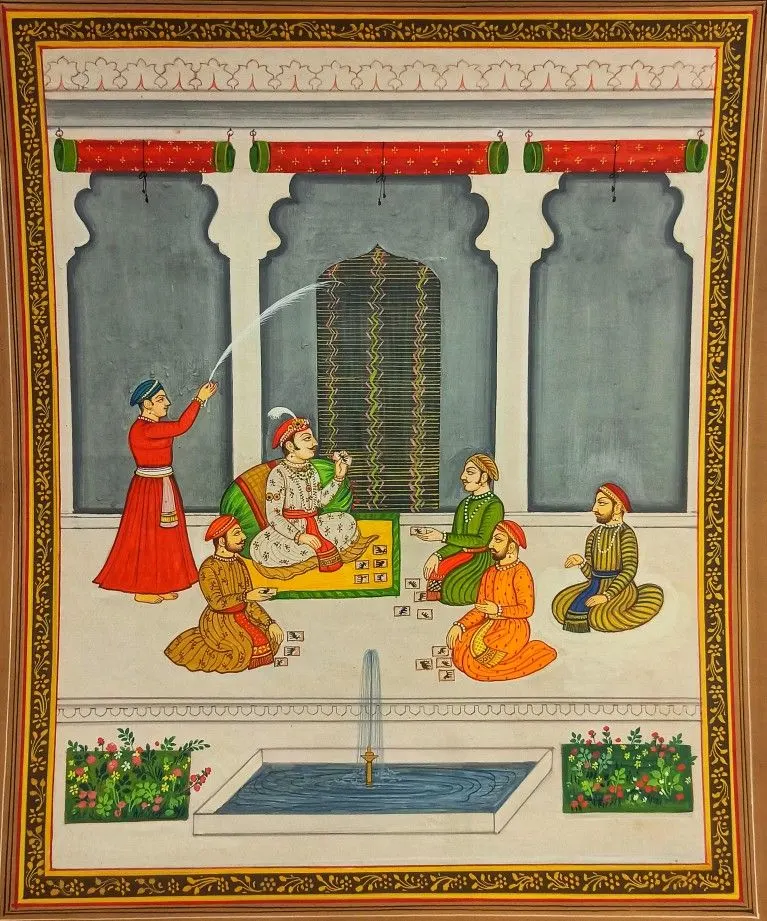 Maharaja Raj Singh II of Mewar plays ganjifa with his courtiers. Rajasthani painting, about the 18th century.