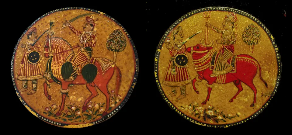 Two Mughal ganjifa cards, each with a rider and an attendant. Early 1800s.